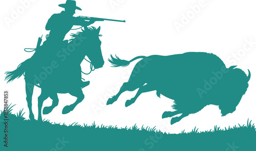 Cowboy hunting buffalo silhouette illustration showing mounted rider aiming rifle at running bison, American Wild West scene, frontier history and western lifestyle concept isolated 