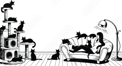 Woman relaxing on sofa surrounded by many cats silhouette illustration, cozy home interior with pets, cat lovers lifestyle and domestic comfort concept isolated on white background