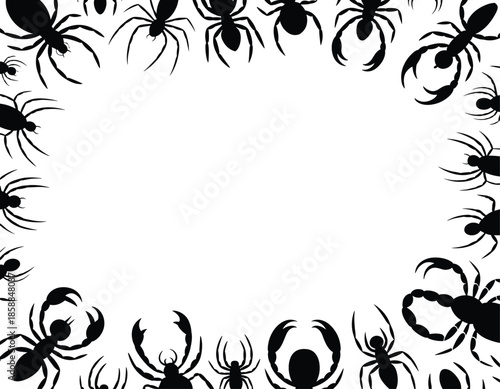 Scorpion and spider silhouettes frame border design, creepy insect background with copy space, horror nature concept illustration isolated on white background