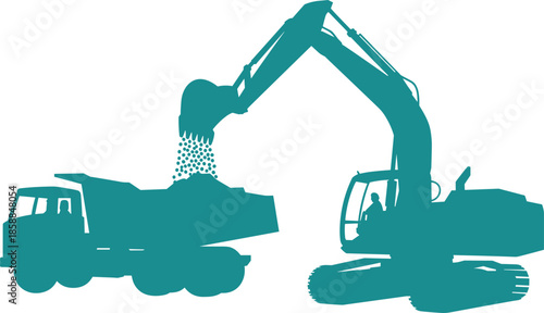 Silhouette of excavator loading dump truck in construction site, illustrating earth-moving machinery, teamwork, and heavy equipment operation in industrial setting.