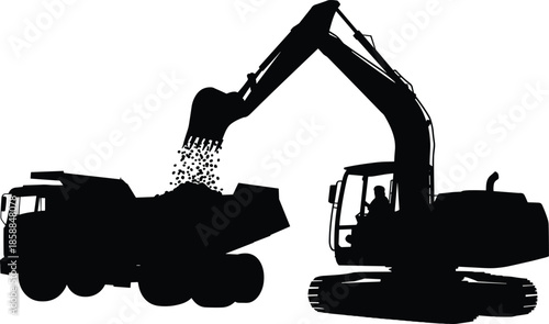Excavator loading dump truck silhouette showing heavy construction machinery at work, earthmoving industrial equipment scene, mining and building industry concept illustration