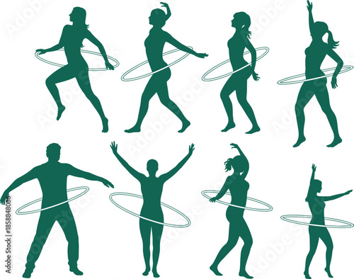 Silhouette of individuals performing hula hoop exercises in varied poses, showcasing rhythmic movement, fitness, and playful physical activity.