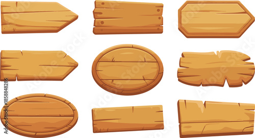 Wooden cartoon boards. Rustic label wooden ribbons template blank signboard vector picture. Illustration wood plank frame, board wooden signboard	