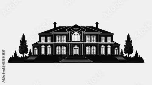 A grand opulent mansion silhouette with elegant landscaping features.