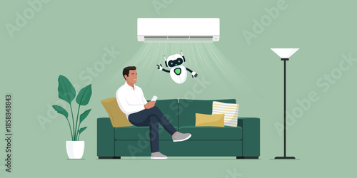Man sitting on the couch, AI robot and AC split system
