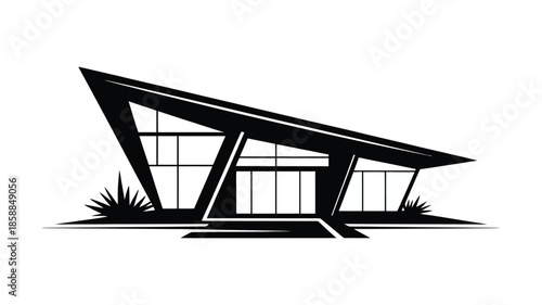 A sleek angular modern house with large panoramic windows.