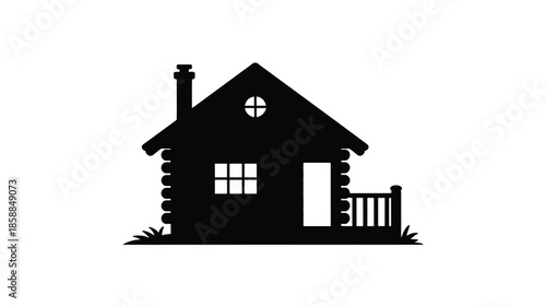 A rustic log cabin with a chimney and small porch.