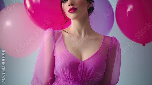 Wallpaper Mural Woman in Vibrant Pink Dress Amidst Colorful Balloons for Celebration Torontodigital.ca
