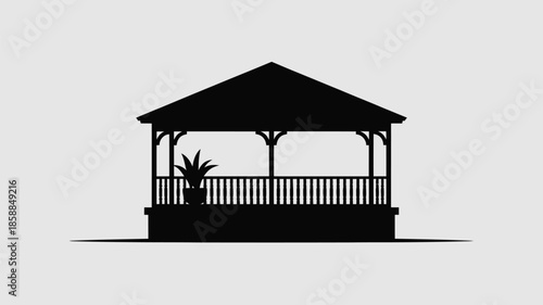 A beautiful black silhouette of a classic outdoor garden gazebo.