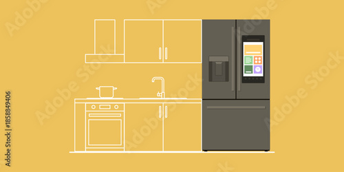 Smart refrigerator with touch screen in the kitchen