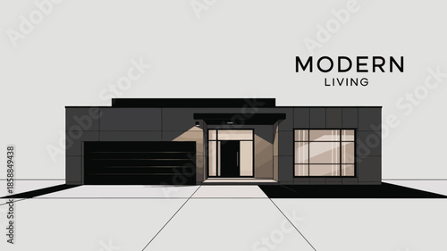 A striking modern house with illuminated entrance and 'Modern Living' text.