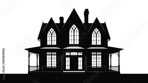 A grand, spooky Victorian Gothic mansion silhouette with ornate details.