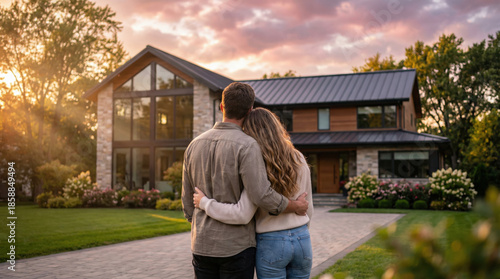 Couple embracing and looking at their new modern home at sunset