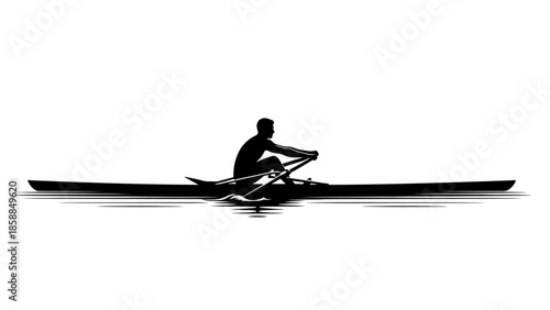 Silhouette of a person rowing a single person scull on calm water