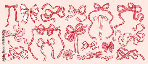 Whimsical bow and ribbon illustration collection in hand-drawn ink sketch style. Cute decorative bows and flowing ribbons for romantic, vintage, and aesthetic design projects.