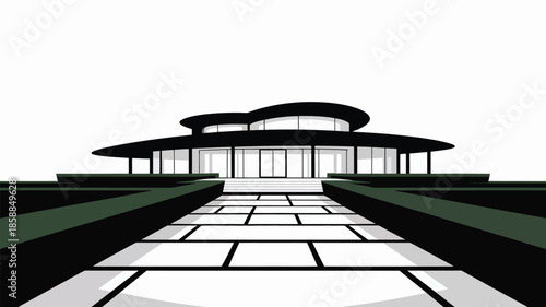 A futuristic modern building with a circular design and grand pathway.