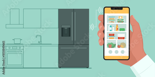 Man connecting his phone to a smart fridge at home