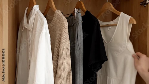 Minimalist wardrobe with neutral clothing hanging in modern closet