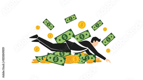 Businessman swimming in a sea of dollar bills and golden coins, symbolizing wealth and financial success
