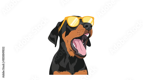Cartoon black and tan dog wearing yellow sunglasses, yawning with mouth wide open and tongue out