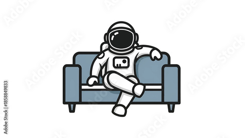 Cartoon astronaut in white suit and black helmet casually lounging on a blue sofa against a white background