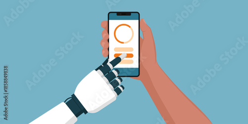 AI robot helping a man using a smartphone app