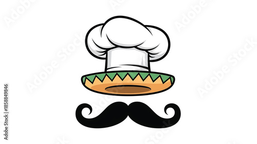 Cartoon chef's hat, sombrero, and handlebar mustache floating on a white background, representing culinary art