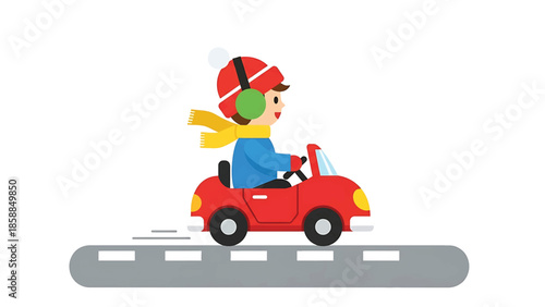 Cartoon child in winter hat, earmuffs, and scarf, happily driving a red toy car on a road