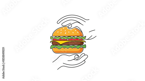 Cartoon hamburger with cheese, lettuce, and tomato, held by abstract line-art hands on white background