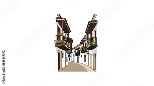 Cartoon illustration of a charming narrow street with traditional buildings, balconies, and colorful flowers