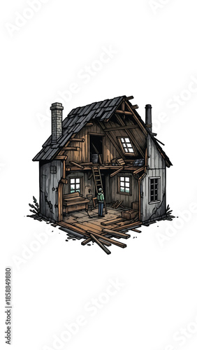 Cartoon illustration of a dilapidated house, cut open to show a person standing inside amidst debris