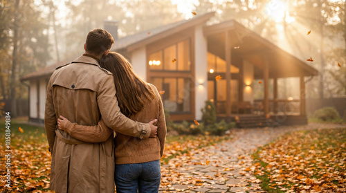 Couple embracing in front of a modern house during autumn with falling leaves