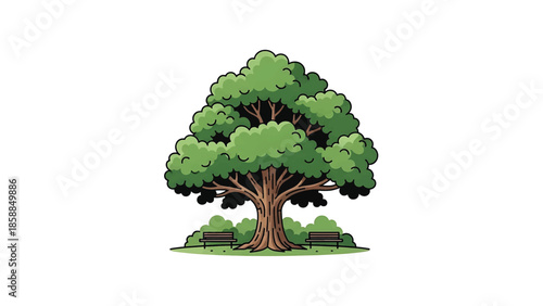 Cartoon illustration of a large, green tree with benches and bushes on grass, against a white background