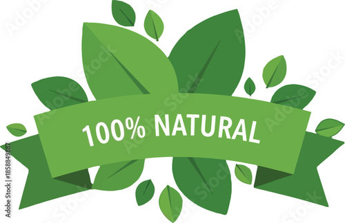 100% natural product label badge with green leaves isolated on transparent background, Vector, illustration