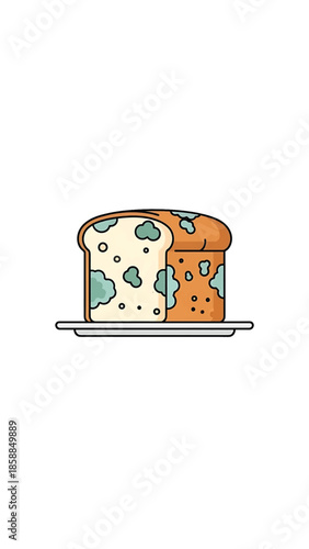 Cartoon illustration of two slices of moldy bread with green spots, resting on a white plate