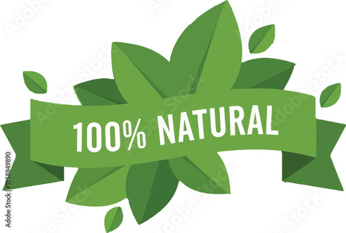 100% natural organic green label with leaves vector design isolated on transparent background, Vector, illustration