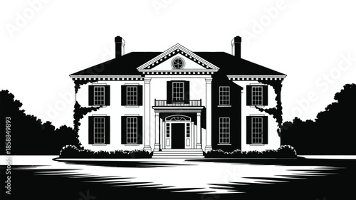 Grand classical Southern mansion with columns, vines, and ornate facade.