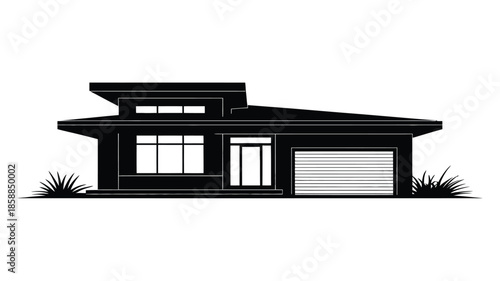 Modern single-story house silhouette with garage and flat roof.