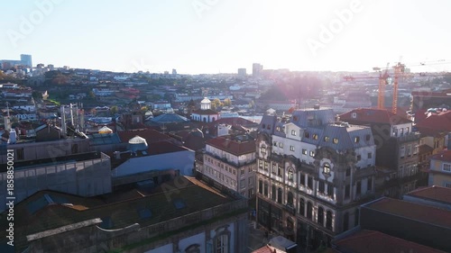 Establishing shot of Porto historic cityscape along Douro River