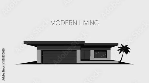 Modern low-profile house silhouette with garage and palm tree.