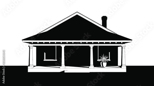 Traditional house silhouette with wide porch, swing, and plant.