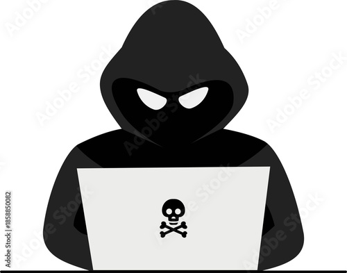 hacker logo or hacker in black hoodie cyber crime with laptop without background, isolated