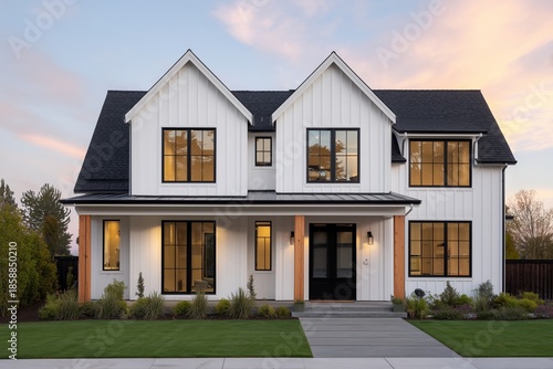 Modern farmhouse exterior featuring smooth white board and batten siding, large windows, and a welcoming porch, showcasing contemporary architectural design and inviting ambiance