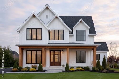 Modern farmhouse exterior featuring smooth white board and batten siding, large windows, and a welcoming porch, showcasing contemporary architectural design and inviting ambiance