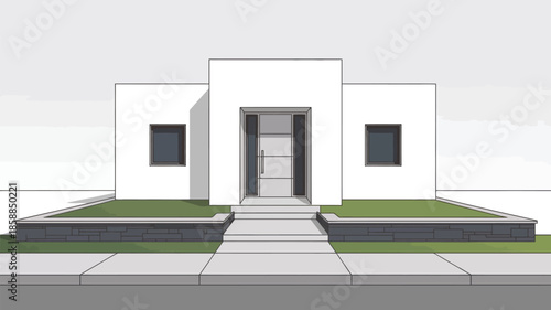 Stylized modern minimalist house with flat roof and walkway.