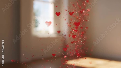 Red balloon punctured by needle in slow motion, bursting into sparkling red glitter and heart-shaped particles floating in soft natural light interior