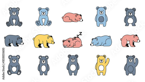 Collection of cute cartoon bears in various poses and colors, including sitting, standing, sleeping, and waving
