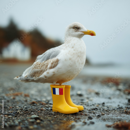 Surreales Studiofoto einer Möwe, die aufrecht in auffälligen gelben Gummistiefeln steht. Der neutrale Hintergrund und die klare Lichtführung lenken den Fokus auf das ungewöhnliche Detail Flagge