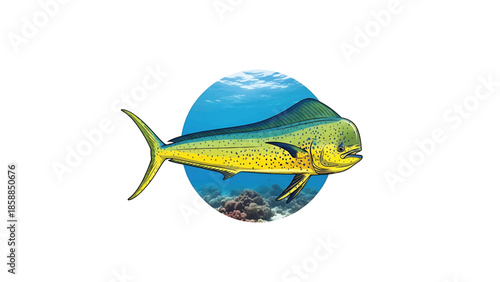 Colorful illustration of a spotted yellow and green fish in profile, superimposed on a circular ocean reef scene