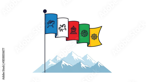 Colorful prayer flags with symbolic motifs flying atop a pole over stylized blue mountains and snowy peaks